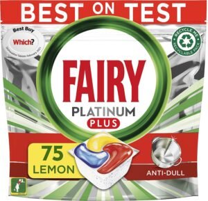 Fairy Platinum Plus All-In-1 Dishwasher Tablets Bulk, 75 Tablets, Lemon, XXL PACK, With Ant-Dull Technology & Rinse Aid Action